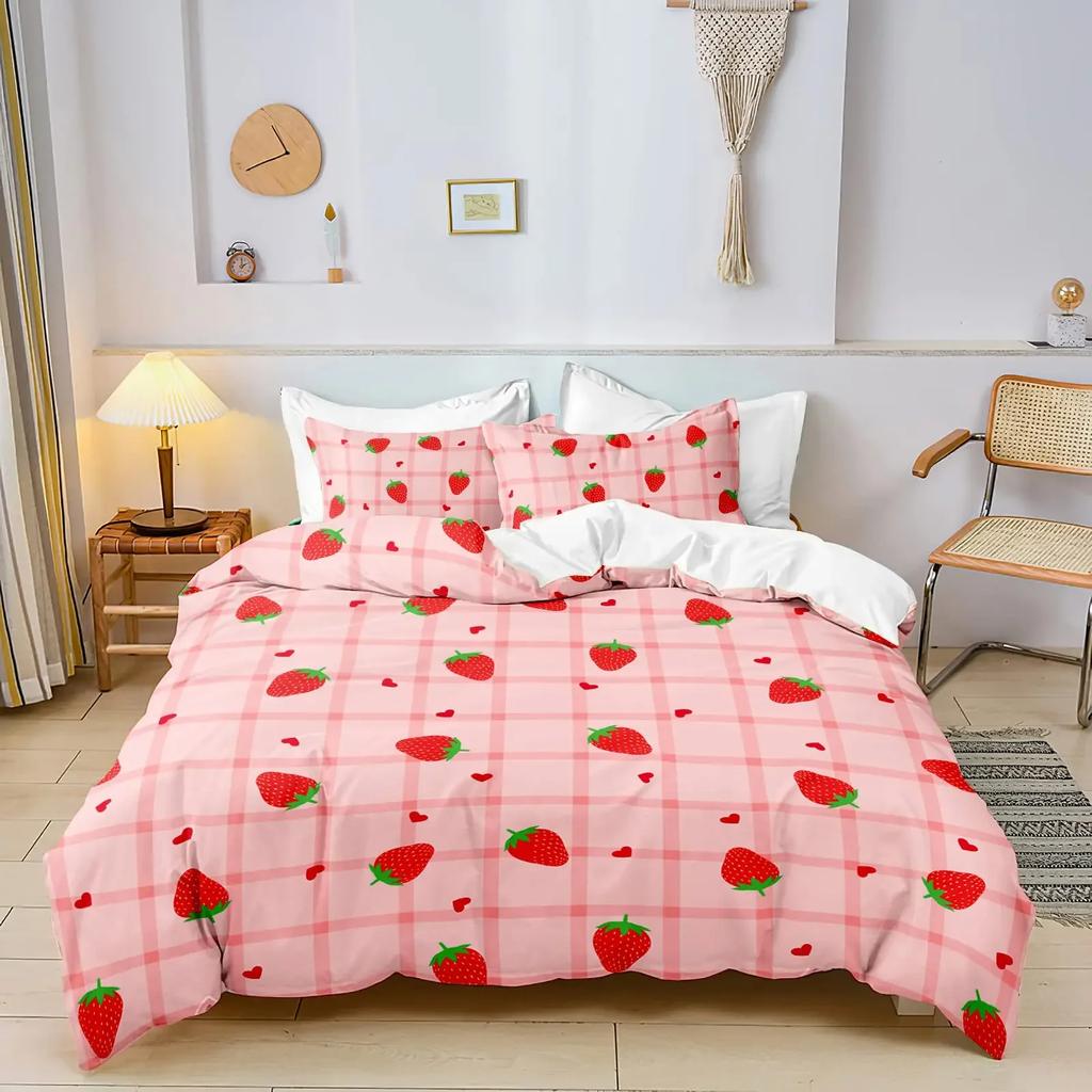 3Pcs Full Size Sweet Strawberry Bedding Set Duvet Cover for Kids Children Teens Comforter Cover Bed Room Decor Pink Quilt Cover