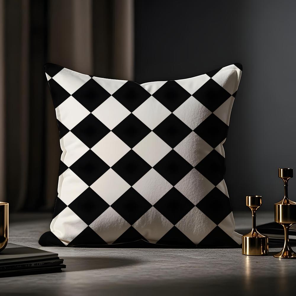Black-and-white Pattern Cushion Cover Anti-dustmite Pillowcase Invisible Zipper Silky Short Plush Sofa Cushion Cover