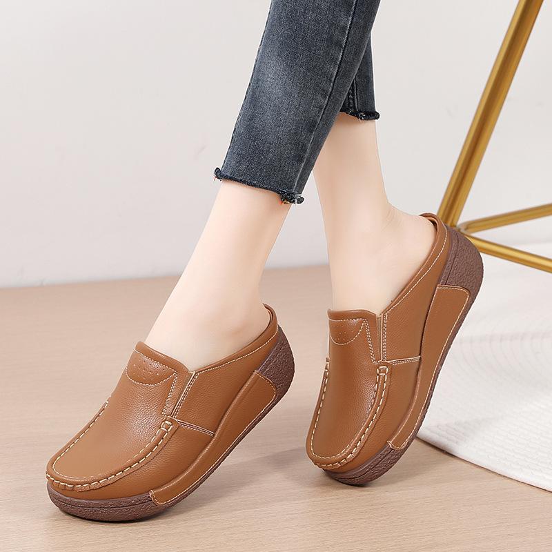 Women PU Leather Platform Shoes Non-slip Half Slippers Fashion Rocker Shoes Wedge Heels Walking Shoes
