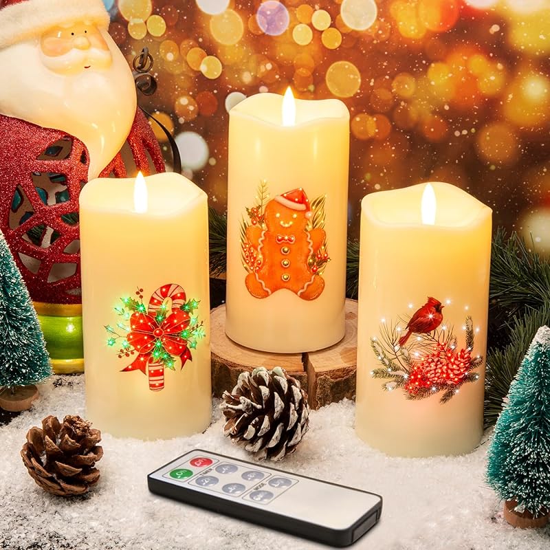 Eywamage Fiber Optic Flameless Candles with Remote, Cardinal Gingerbread Candy Canes Candles Flickering LED Pillar Candles Set of 3