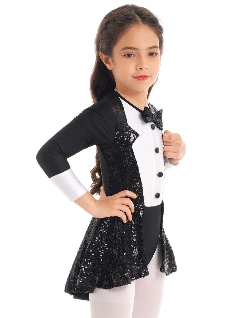Girls Dance Leotard Round Neck Long Sleeve Bow Tie Sequins Adorned Gymnastics Costume Performance Bodysuit