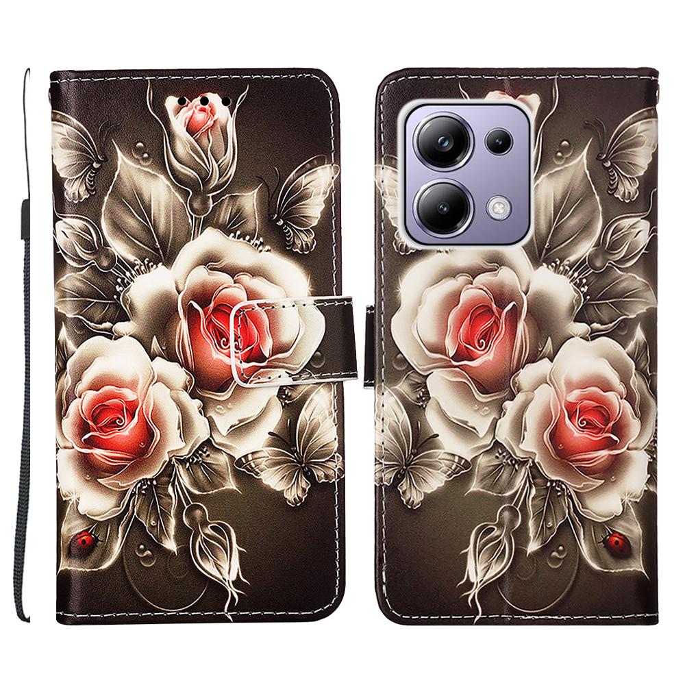 For Xiaomi Redmi Note 13 Pro 4G/Poco M6 Pro 4G Leather Case with Strap and Card Holder Pattern Printing Phone Cover