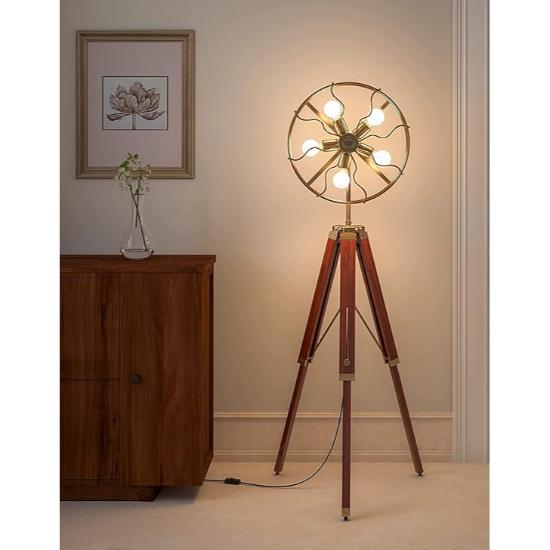 Room Lighting Brass Fan Style Light Adjustable Wooden Tripod Floor Lamps Corner