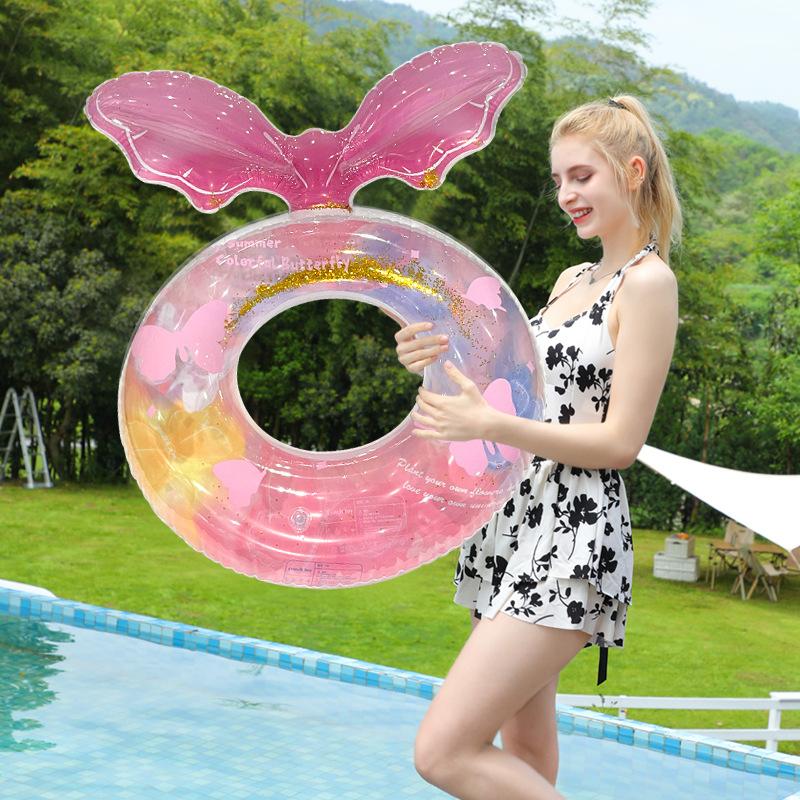 2026 New Summer Inflatable Swim Ring Eco Friendly Thickened PVC Cartoon Sequins Petal Parent Child Kids Water Float