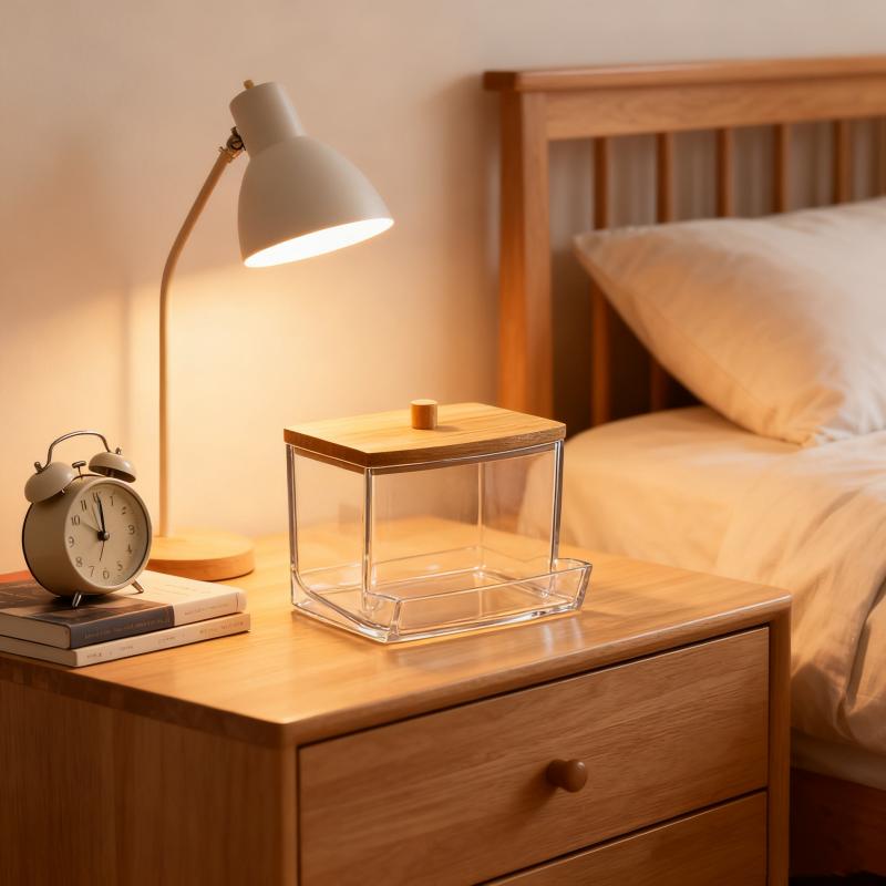 1 szt. Pojemnik na waciki bawełniane, Dozownik wacików bawełnianych z bambusowymi pokrywkami, Bambusowe słoiki do przechowywania w łazience, Pojemniki do przechowywania, Przezroczysty plastik