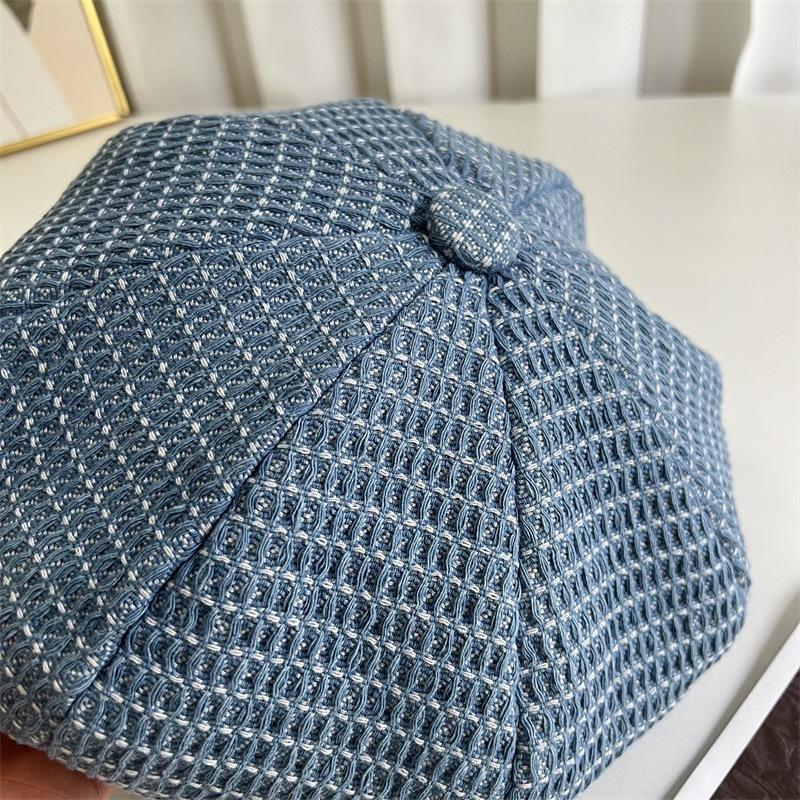 New plaid denim beret women's spring and autumn trend versatile octagonal pumpkin hat couple painter hat