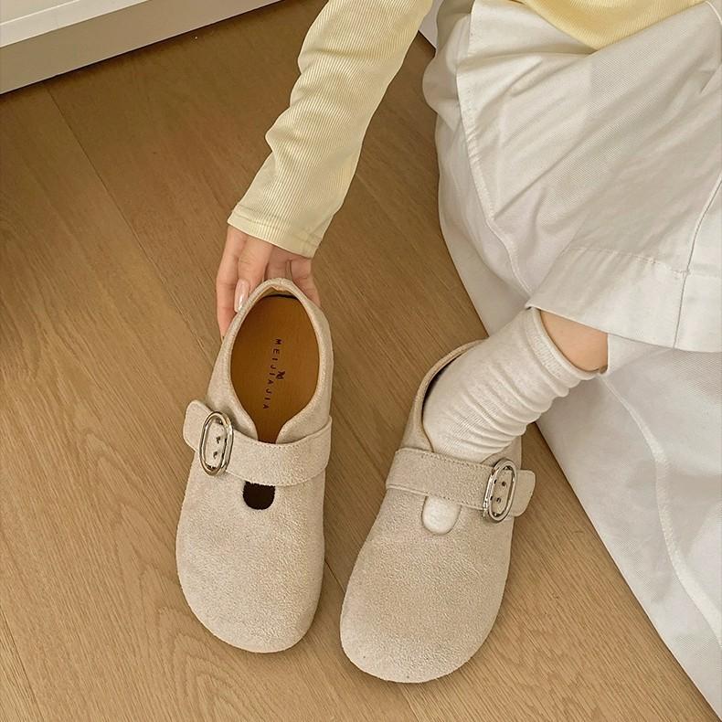 Cowhide Version! Round Head Retro Casual Single Shoes Women's 2025 Autumn New Fashion One-word Buckle with Flat Beanie Shoes