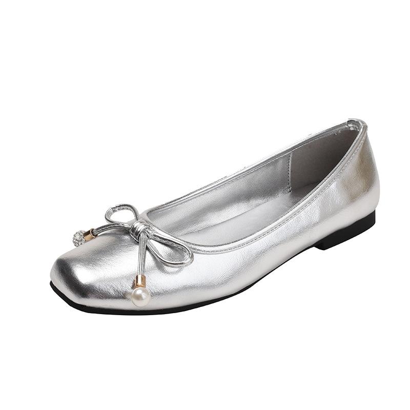 French gentle square head pearl flats women's 2025 new with skirt comfortable soft sole silver single shoes ballet shoes