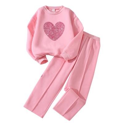Girls 2Pcs Heart Print Outfit Set Kids  Long Sleeve Sweatshirt + Pants