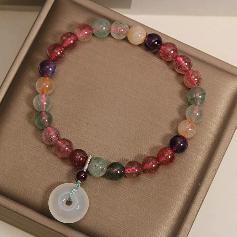 Exquisite Rainbow Strawberry Crystal Bracelet with Chalcedony Peace Pendant - Light Luxury for Women