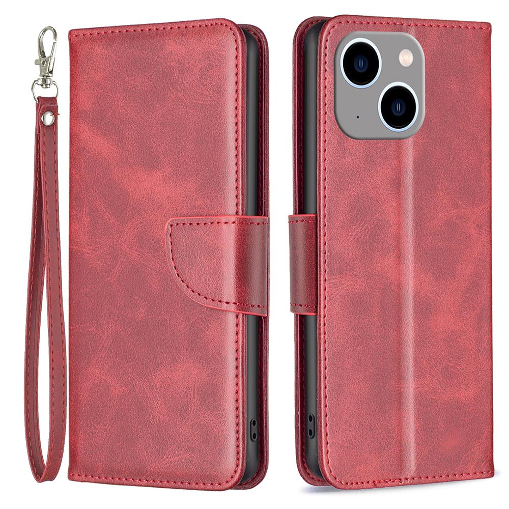 

Mobile Phone Stand Case for iPhone 15 Plus,Fine Textured Solid Color PU Leather Wallet Cover Shell Red
