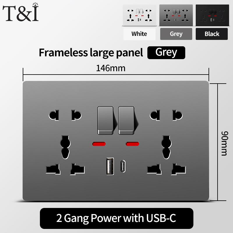 Universal Wall Socket with USB-C USB Charger & Switches- 2 Gang Power Outlet With LED, Flush Mount, AC 110-250V