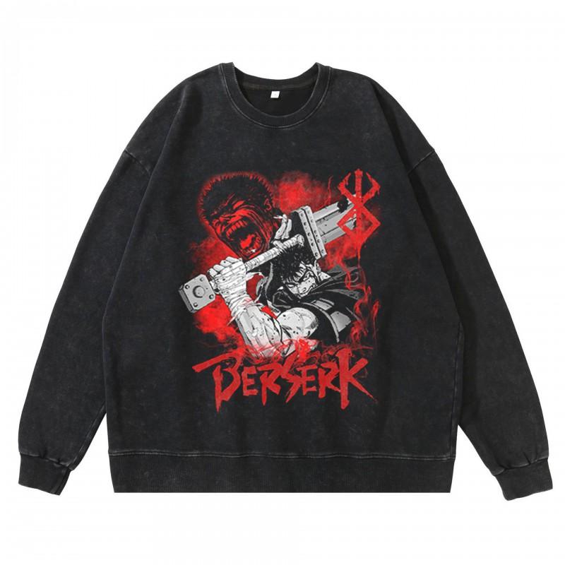 Heavyweight 360g Washed Vintage Berserk Anime Streetwear Cotton Pullover Hoodie-Free Crewneck Sweatshirt Men