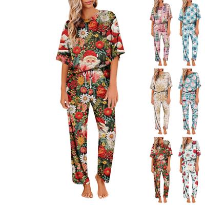 Conjunto de pijama de satén de seda helada con estampado navideño para mujer, conjunto de camisa de manga corta y pantalones de pijama largos, ropa suave para el hogar