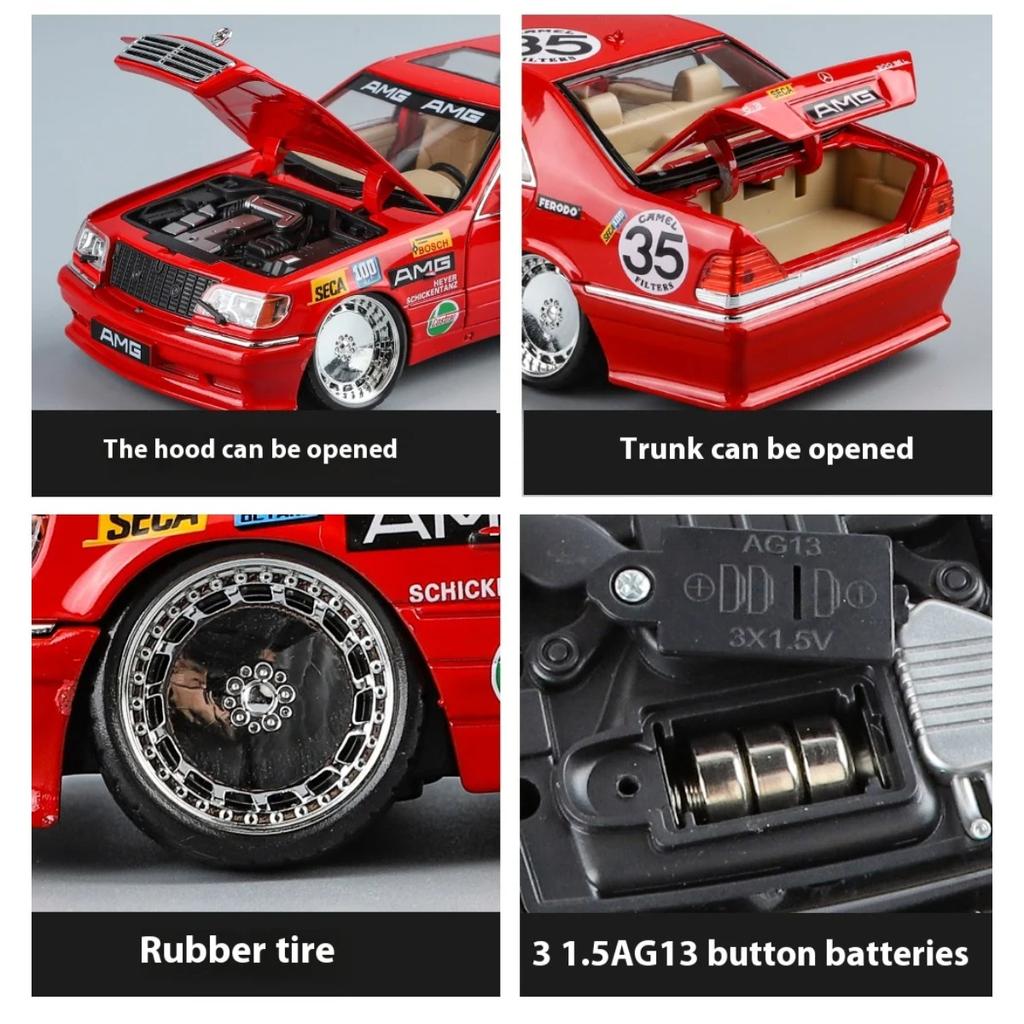 1/24 Mercedes Benz S W140 320SEL Modifizierte Version Legierung Rennwagen Diecast Modell Ton & Licht Spielzeug Computer Desktop Ornamente