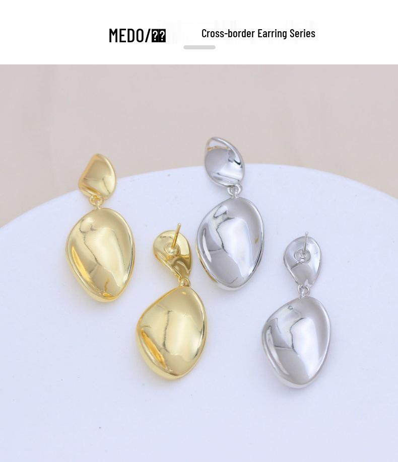 Gold-Tone S925 Silver Oval Ripple Earrings - European & American Style