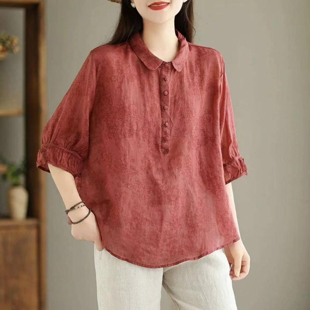 Women's Jacquard Lapel Shirt, Western Style Retro Ladies Mid-sleeved Shirt, Thin and Thin Small Shirt