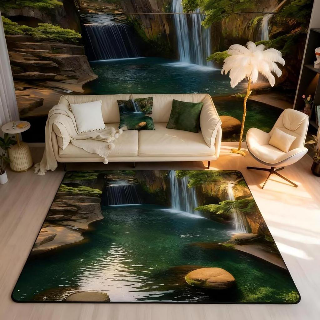 Waterfall Large Area Rug 5x7 Lake Cascade Scenery Living Room Rug | Chic Nature Art Mountain Rock Rugs for Bedroom, Sault Landscape Carpet I