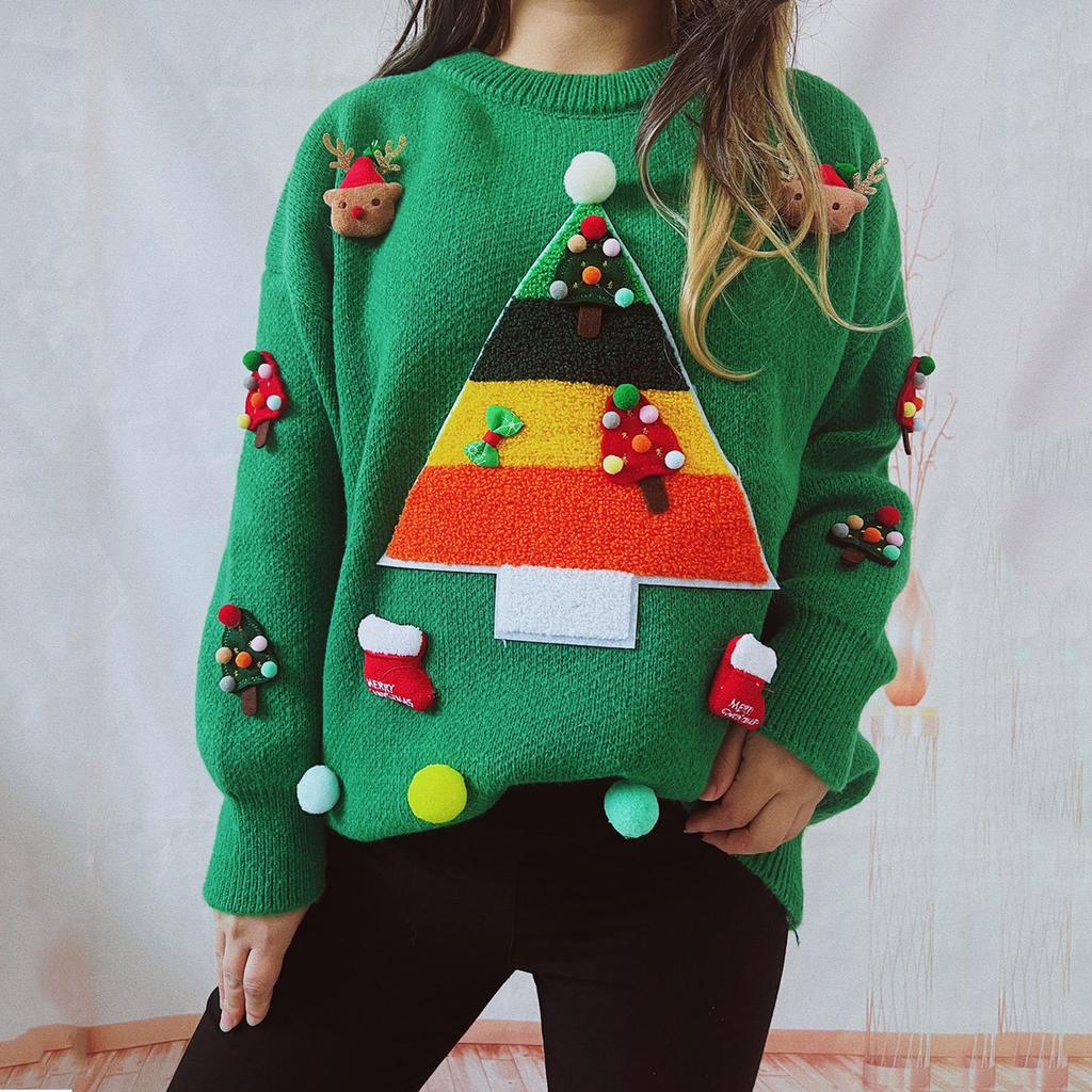 Christmas Sweater Women's Long Sleeved Lazy Style Round Neck Pullover Knitted Sweater