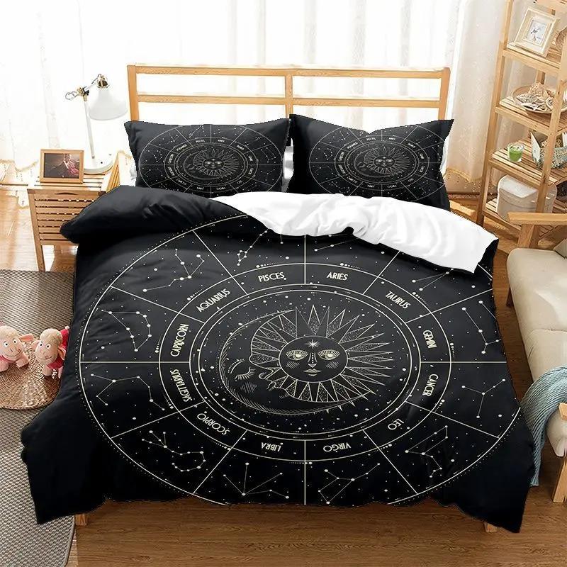 Sonne Mond Bettbezug KingQueen Größe, Galaxie Boho Exotisches Bettwäscheset Schwarz Gold Astrologie Himmlisch Polyester Steppdecke