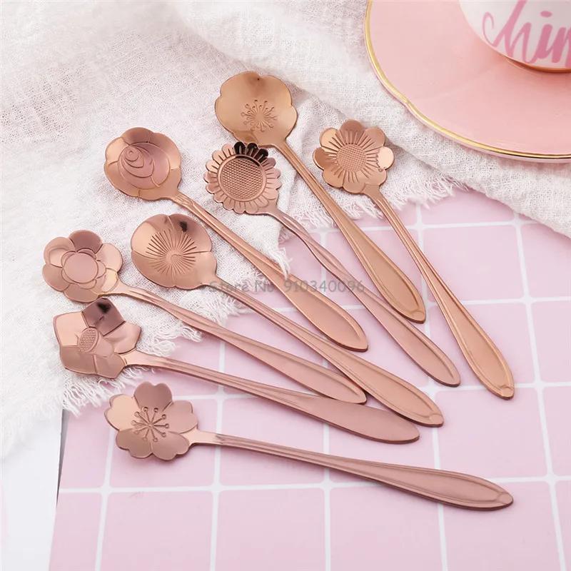 8Pcs Creative Coffee Spoon Stainless Steel Colorful Stirring Milk Teaspoon Dessert Ice Cream Spoon Tableware Flowers Design