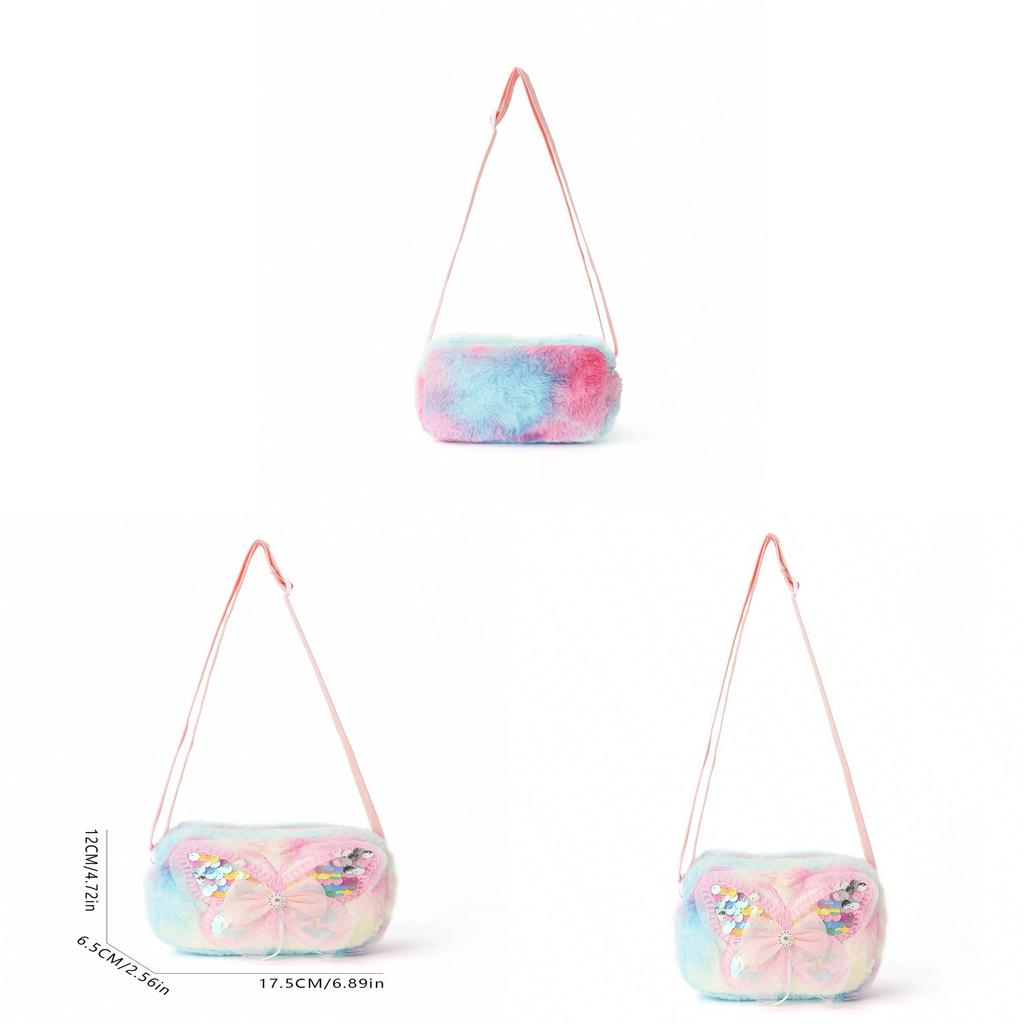Kids Pink Butterfly Pattern Polyester Fluffy Shoulder Bag For School And Outings