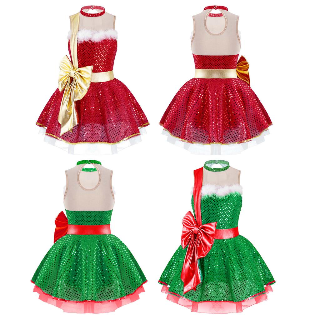 Kids Girls Shiny Sequins Christmas Dance Dress Santa Claus Costumes Ballet Tutu Dress Figure Ice Skating Dress
