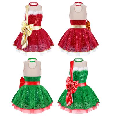 Kinder Mädchen Glänzende Pailletten Weihnachten Tanzkleid Weihnachtsmann Kostüme Ballett Tutu Kleid Eiskunstlauf Kleid