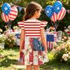 Girls Flutter Sleeve Dress Independence Day Patchwork Design Round Neck Casual Party Dress for Kids