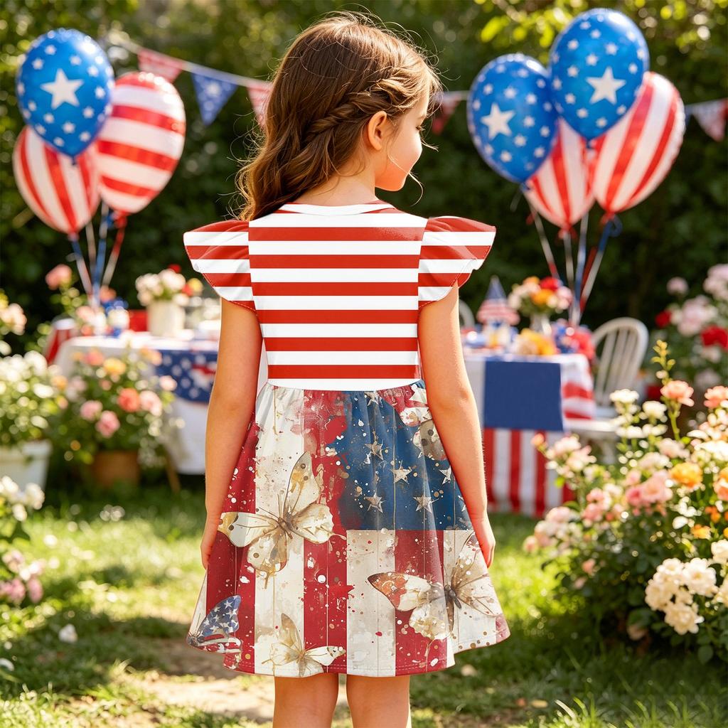 Girls Flutter Sleeve Dress Independence Day Patchwork Design Round Neck Casual Party Dress for Kids