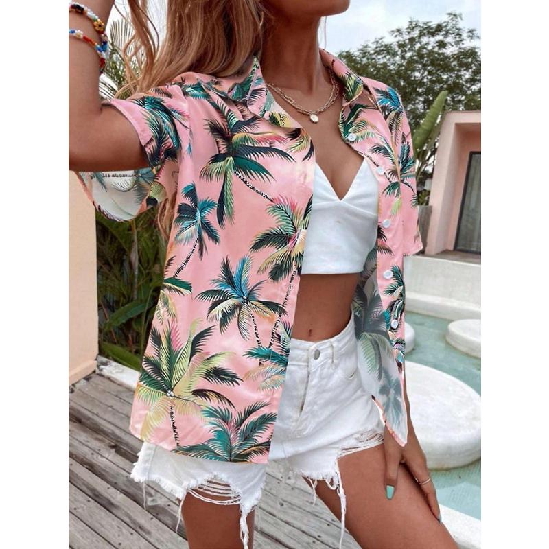 Women s Fashion Shirt Summer Short Sleeve 3D Printed Coconut Tree Pattern Print Street Tie Dye Ladies Casual Shirt XL