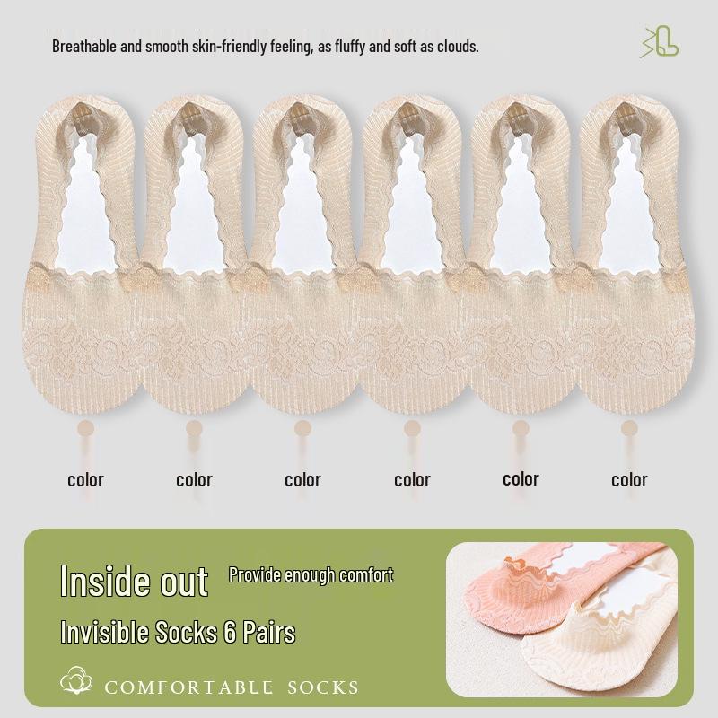Women's Low-Cut Lace Boat Socks - Pure Cotton, Non-Slip, Breathable, Summer Thin, No-Slip Heel, Short Style.