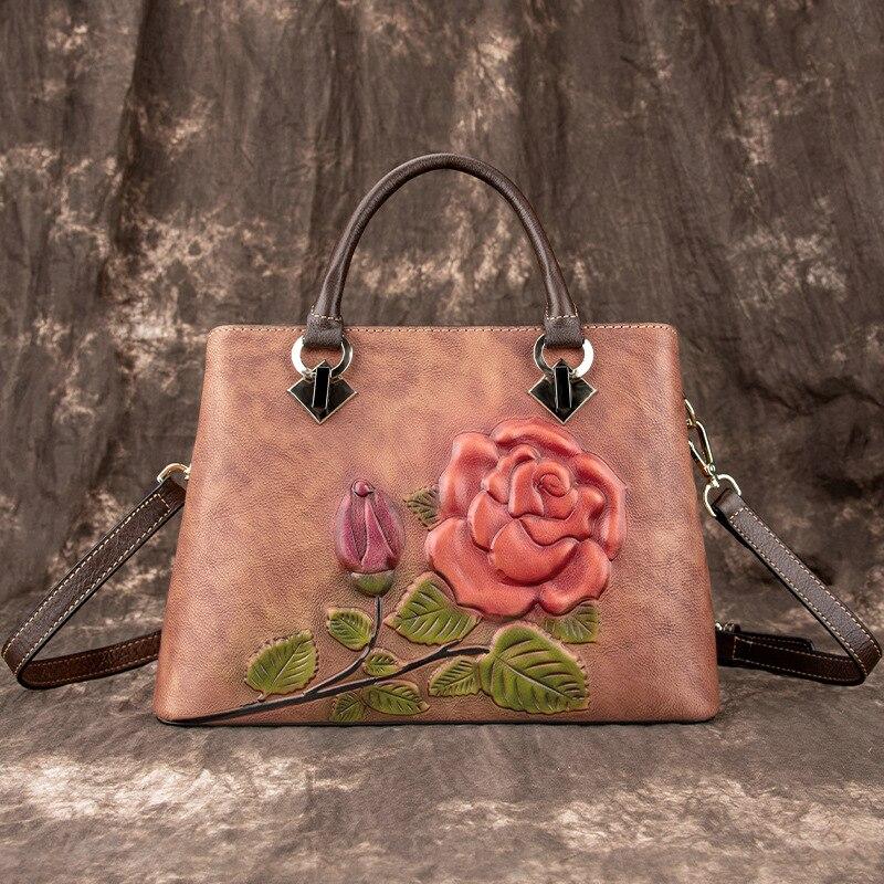 Johnature Vintage Handbag Handmade Embossing Cow Leather Women Bag Large Capacity Floral Female Shoulder Messenger Bags