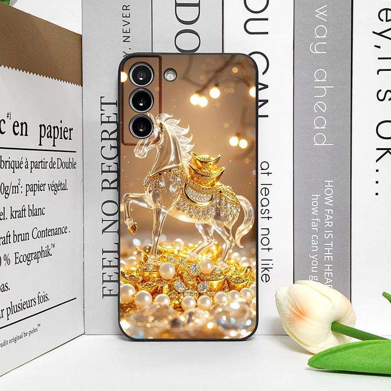 Luxury Crystal Golden Horse Pattern Phone Case for Samsung Galaxy S25 S24+ S23 Ultra S22 Plus S21 FE M53 Shockproof Soft Covers