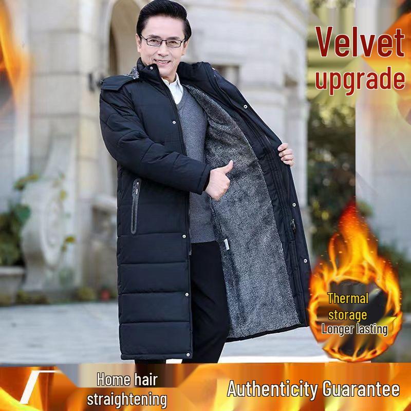 Extra Long Winter Jacket for Middle-Aged & Elderly Men - Thickened, Fleece-Lined, Grandpa Style, Warm Cotton Padded, Over-the-Knee Design