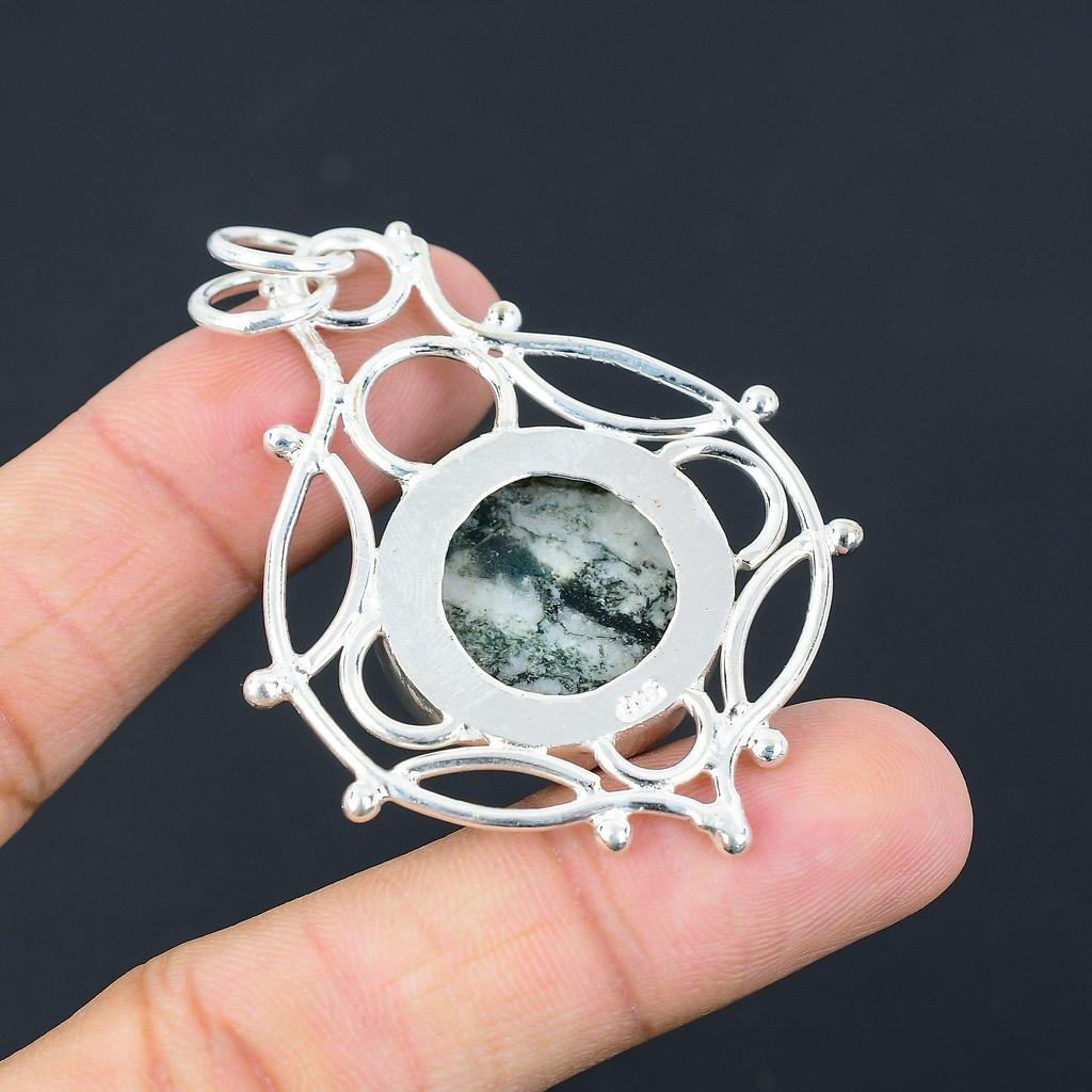 Sterling Silver Tree Agate Stone Mother Engagement Anniversary Pendant Jewelry