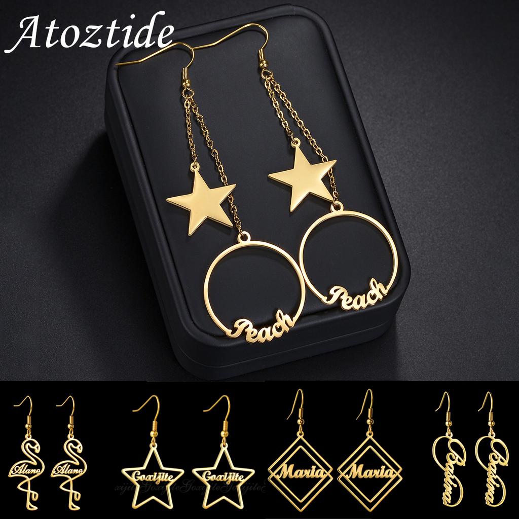 Atoztide Personalized Customized Round Star Name Earring Stainless Steel For Women Girl Fashion Eardrop Birthday Jewelry Gift