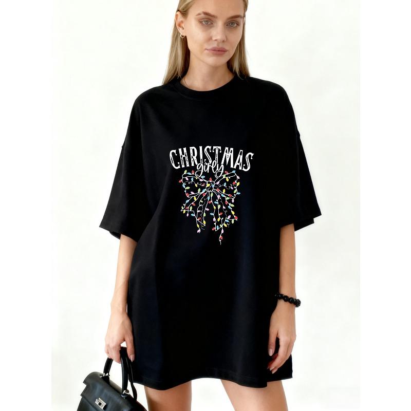 Christmas Girl Oversized T Shirt Black Christmas Lights Bow Print Holiday Party Wear S