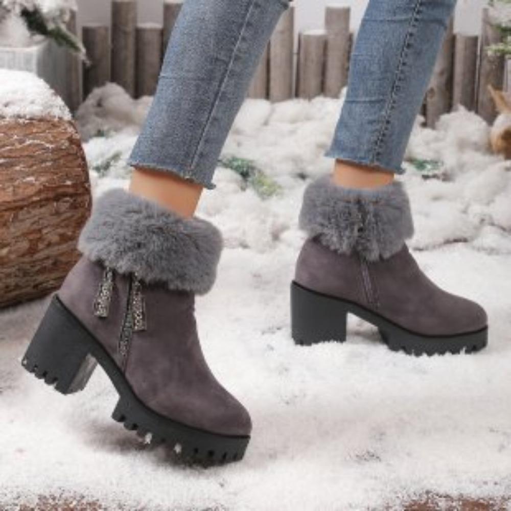 Square Heel Women Winter Shoes Classic Buckle Warm Fur Snow Ladies Boots High Heels Black Platform Ankle Boots