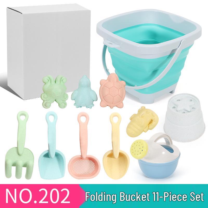 Children's 11-Piece Beach Sand Play Set - Folding Bucket and Shovels
