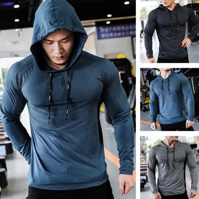 Männer Sport Top Kordelzug Kapuze Langarm Slim Fit Weich Atmungsaktiv Hohe Elastizität Schnell Trocknend Hohl Mesh Jogging Training Sommer Frühling Sweatshirt