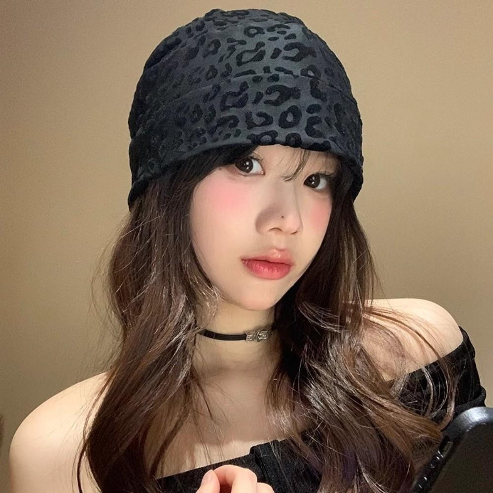 American Style Y2k Baggy Cap Stacking Leopard Beanies Cap Trendy Pullover Hats  Women