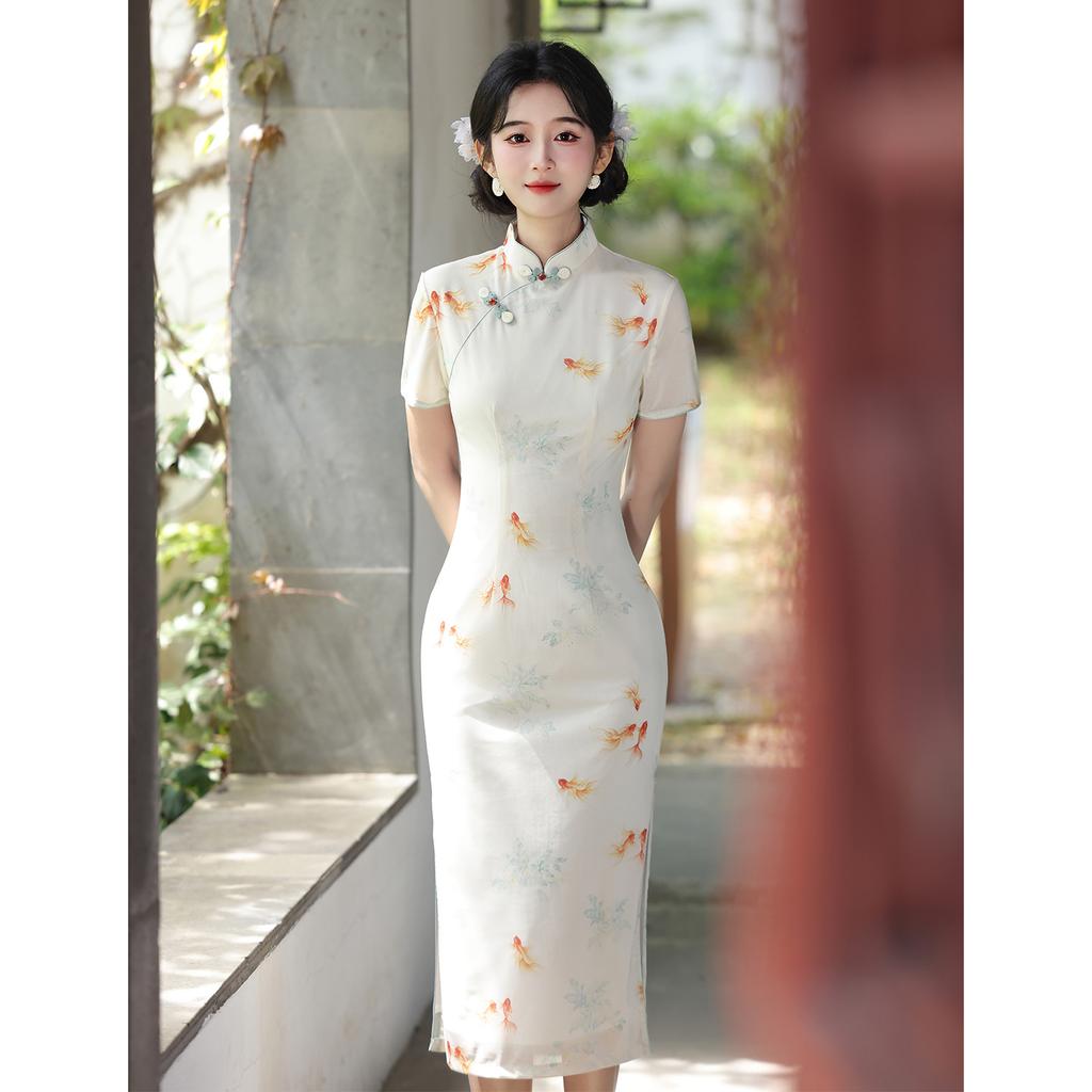 New Chinese Koi Printed Cheongsam 1011 New Summer Young Daily Wear Slit Send Test Dress Temperament