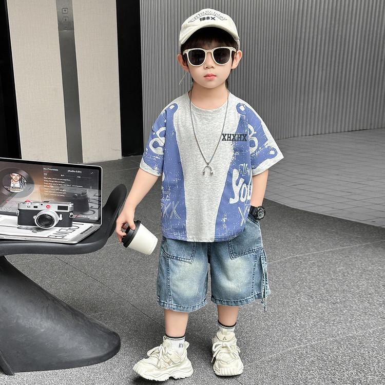 2026 Boys Cool Bear Cartoon Print Summer Denim Shorts Set 120 cm
