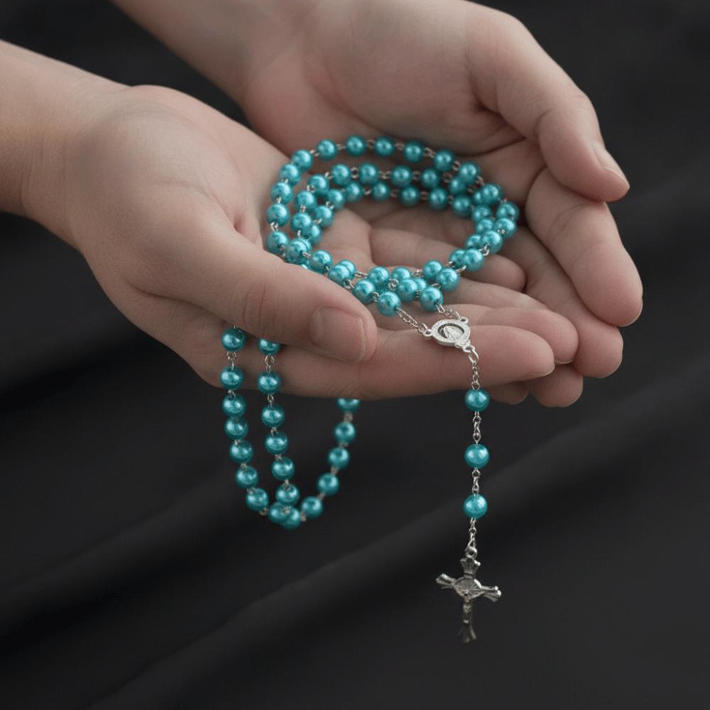 Collana con Ciondolo Rosario di Perle Finte Stile Vintage Ciondoli Religiosi Rosario Cattolico