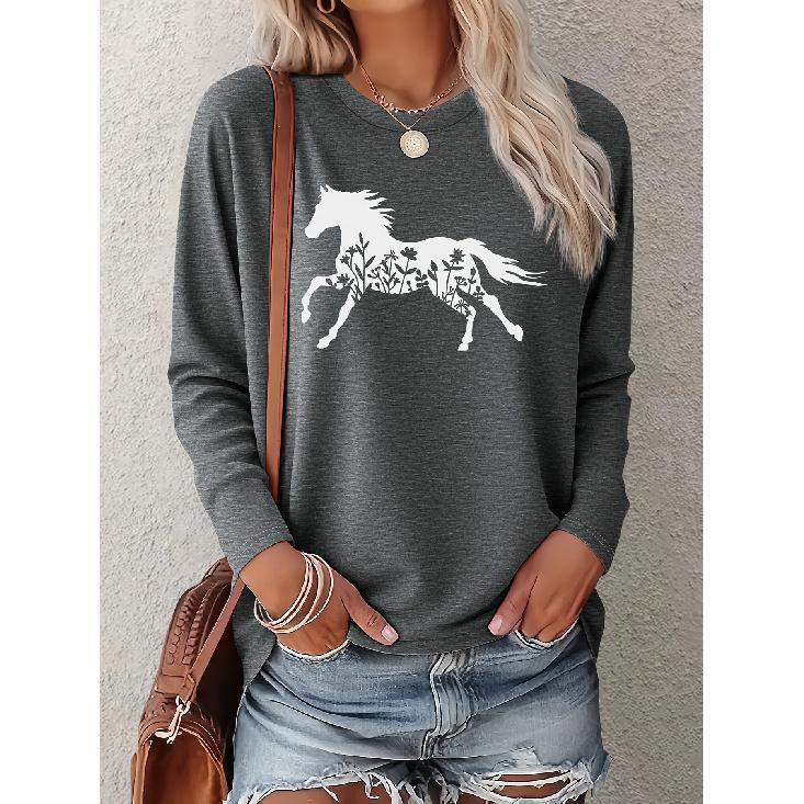 Women's Minimalist Horse & Plant Silhouette Print Casual Long Sleeve Elegant Summer Top, Fashionable, Cute & Vintage