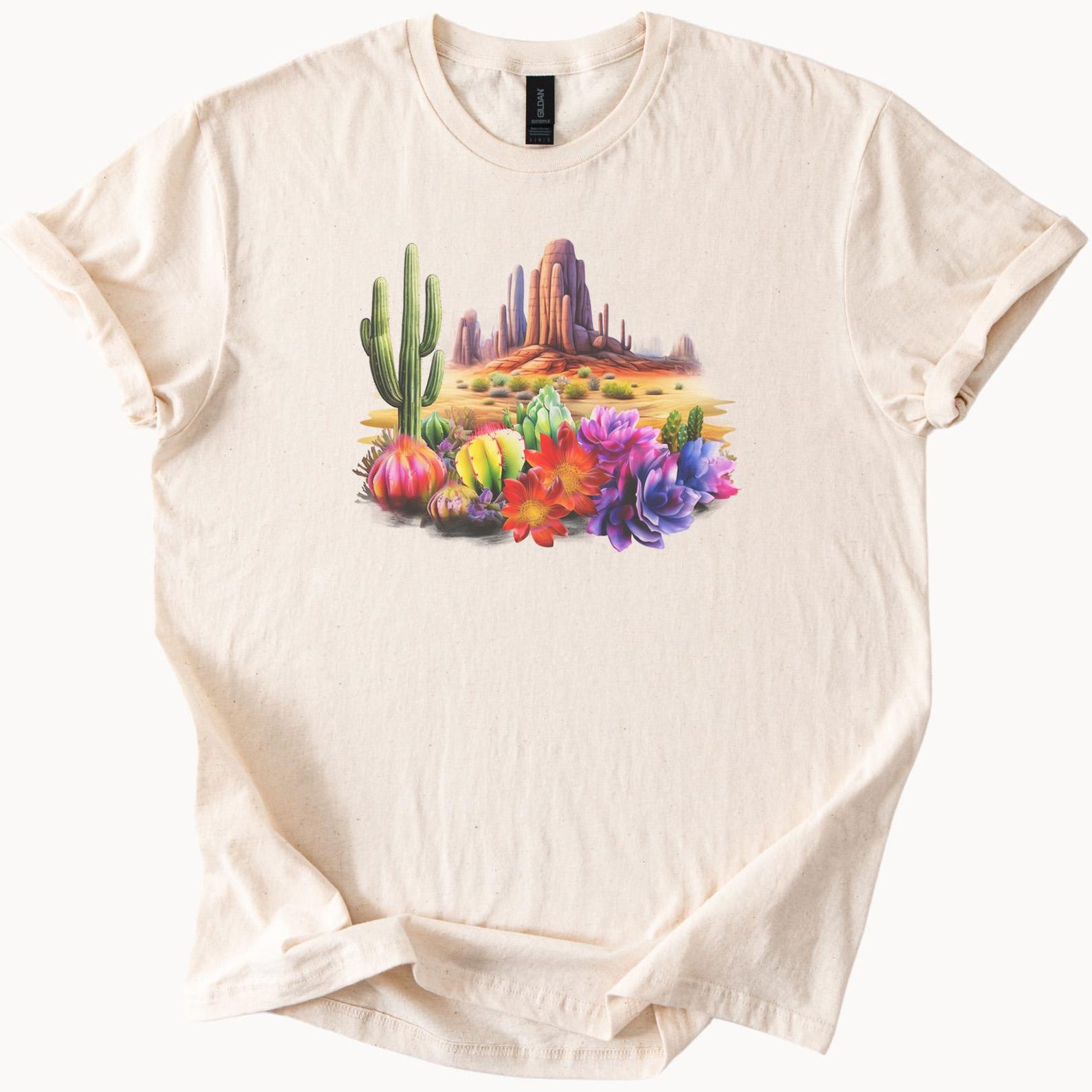 Desert Cactus and Succulent Flowers Graphic Tee Colorful Southwestern Mountain Scene Nature Shirt Western Boho T Shirt 100