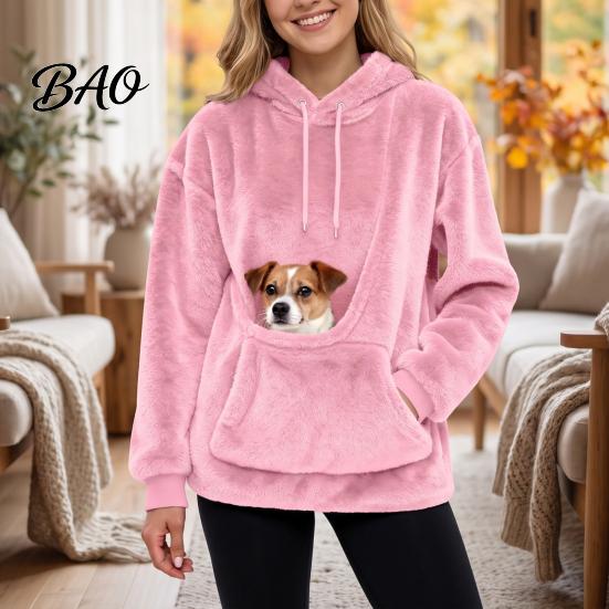 Warm Pullover with Kangaroo Pocket Women Pet Pouch Hoodie, Oversized Fuzzy Hooded Sweatshirt Hoodie Pouch, Dog Cat Carrying Top for Fall Winter