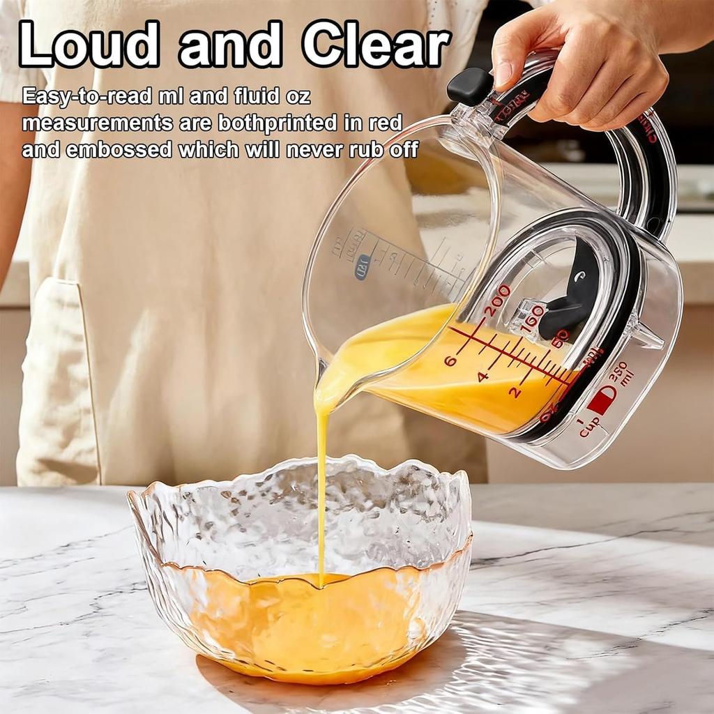 Kubek pomiarowy 4 w 1 z regulacją i uchwytem, Regulowana podstawa i uszczelka typu skrobak, Oszczędzający miejsce, Łatwy do czyszczenia do gotowania i pieczenia &
