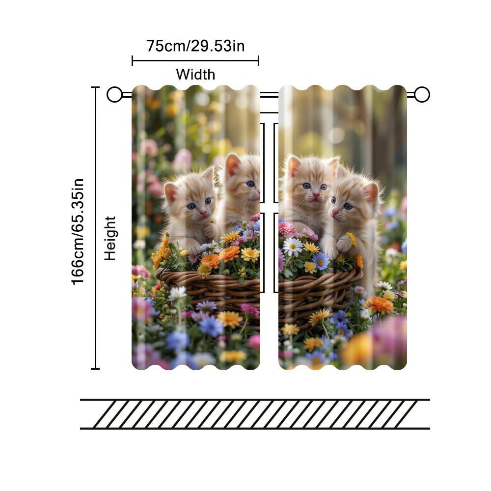 2 pcs, filtering curtains (excluding rods, non-movable, without batteries) Cat Pattern for use in bedrooms and living rooms
